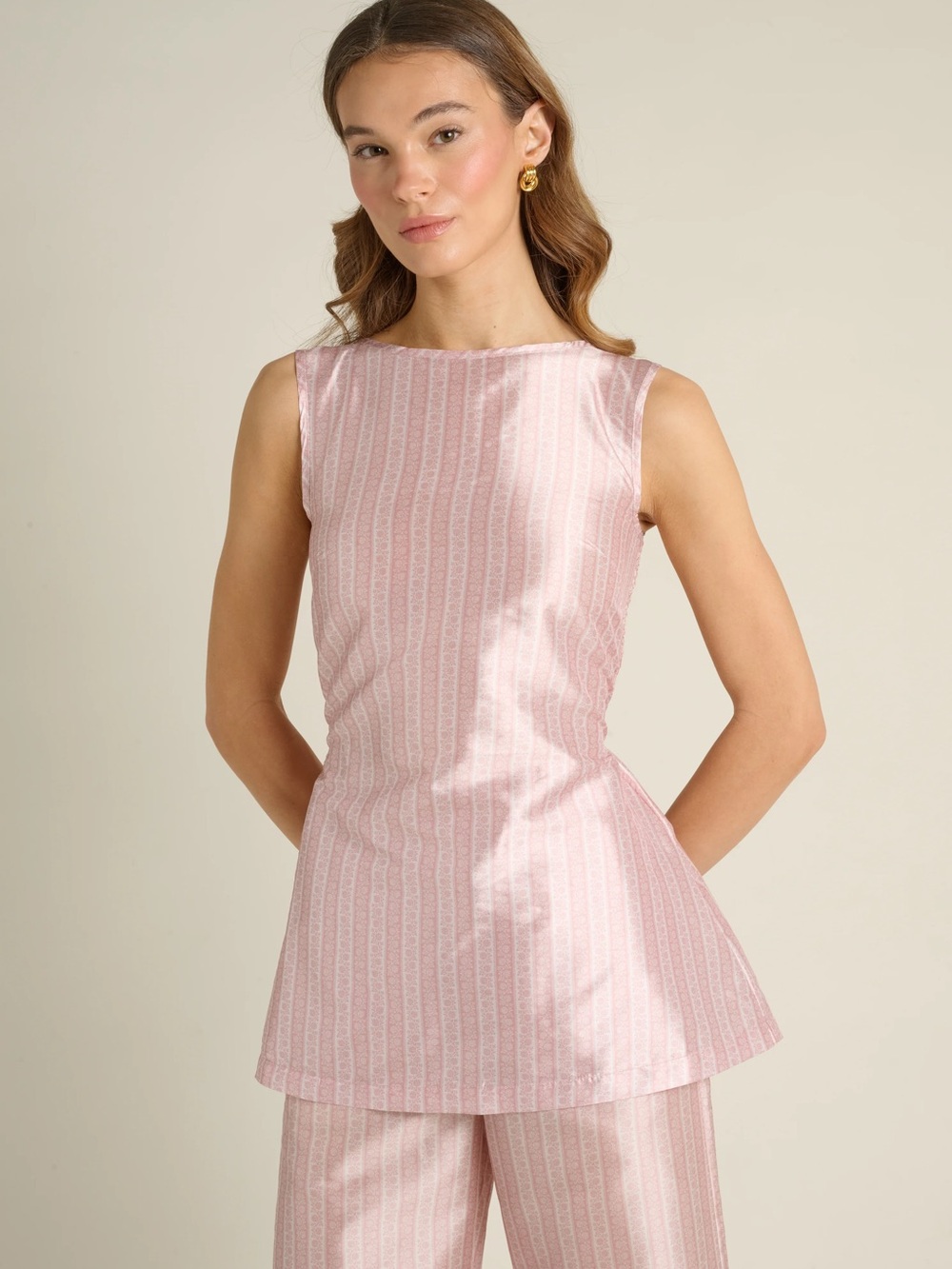 La Maregold Celine Sleeveless Pink Peplum Tunic Top Blush Floral Stripe